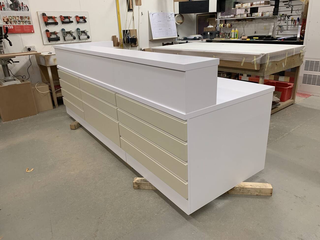 Large white counter assembled before delivery